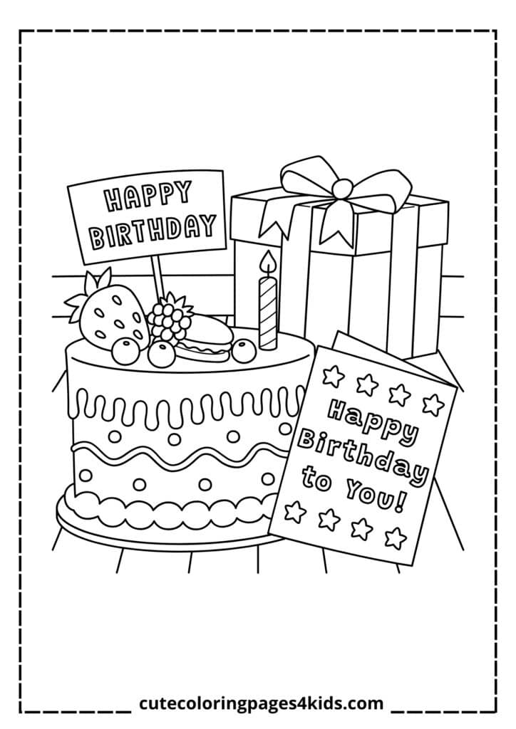 A beautifully arranged birthday setup featuring a decorated cake with candles, wrapped gifts in vibrant colors, and festive decorations in the background.