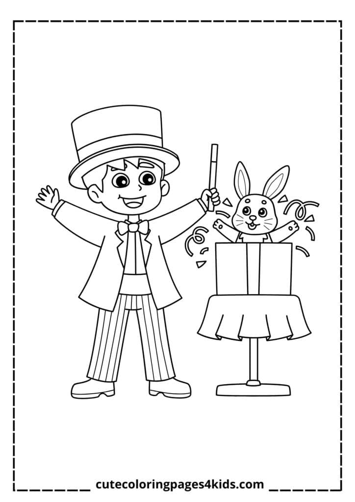 A magician performing an exciting birthday show, wearing a classic hat and cape, with colorful balloons and a cheering audience of kids in the background.