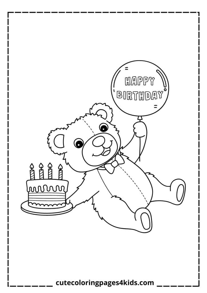 A cute and cuddly teddy bear sitting next to a beautifully decorated birthday cake, surrounded by colorful balloons and wrapped gifts, creating a warm and joyful celebration scene.