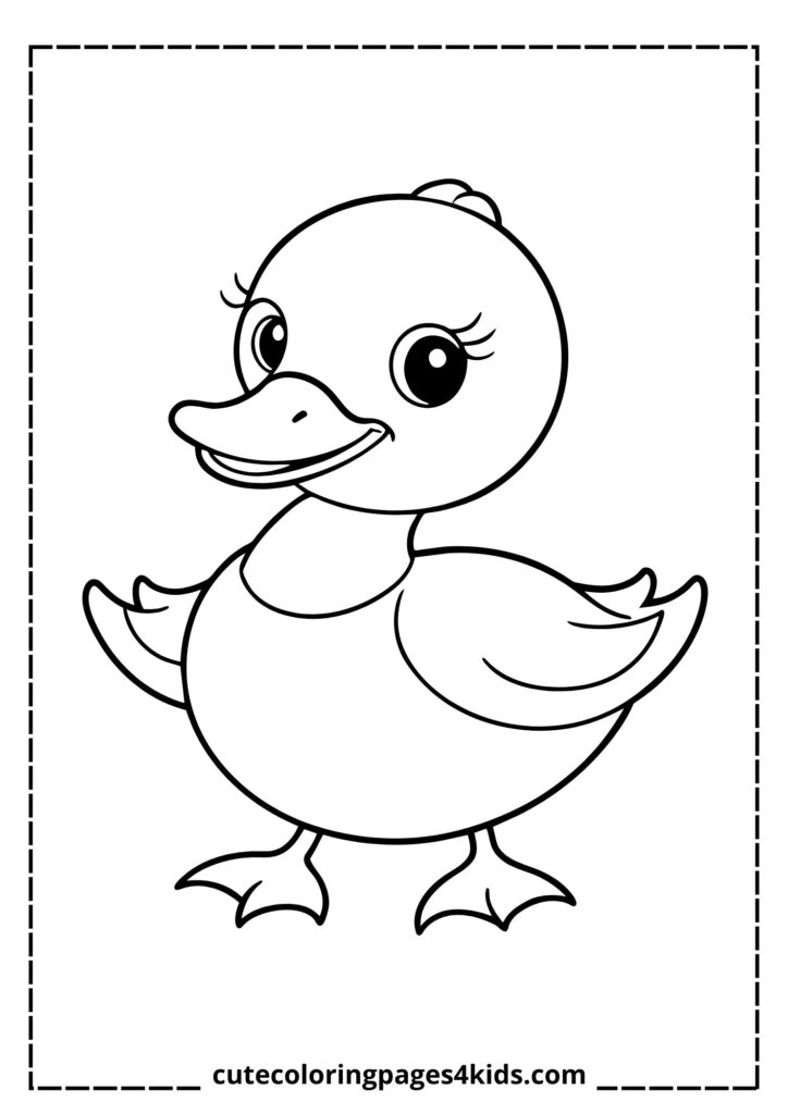 A charming little duck with soft feathers and a bright beak, standing happily near the water. With its cheerful expression and tiny webbed feet, the duck looks playful and full of joy.