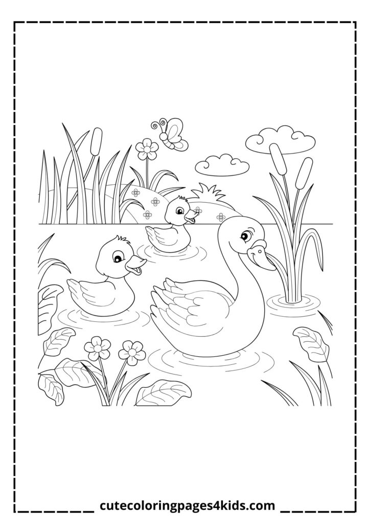A loving mother duck leading her adorable ducklings across the pond, all swimming closely together. The duck family looks happy and safe, enjoying a peaceful moment in nature.