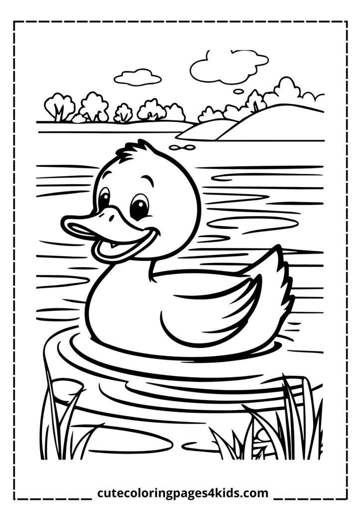 A cheerful duck with a bright smile, flapping its wings playfully while floating on the water. The duck looks joyful as it enjoys a peaceful moment in the pond.
