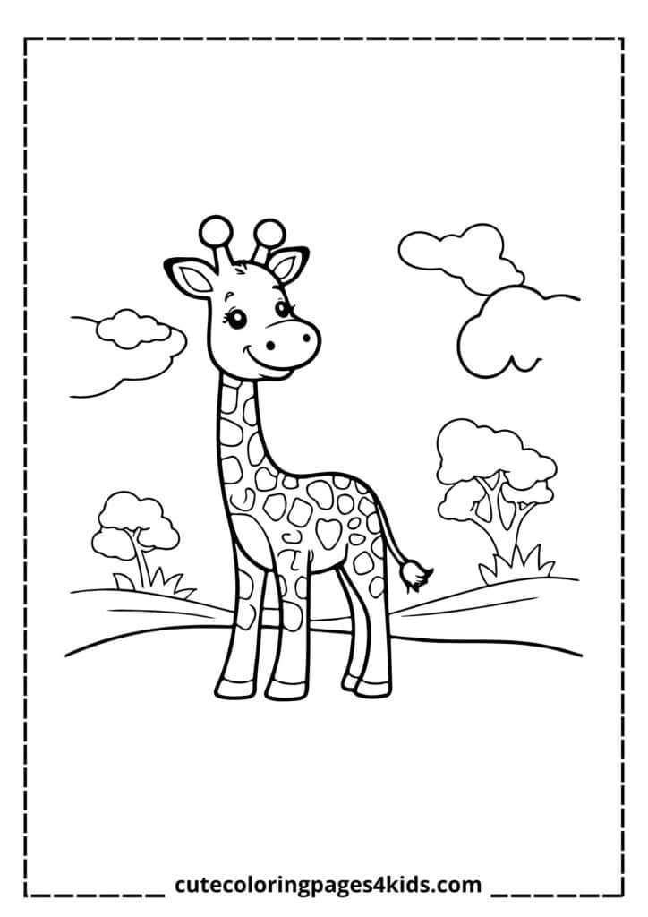 A cheerful giraffe with a bright, friendly smile and sparkling eyes, standing tall and looking joyful. Its long neck and beautiful spotted coat make it stand out as it enjoys a happy moment in nature.