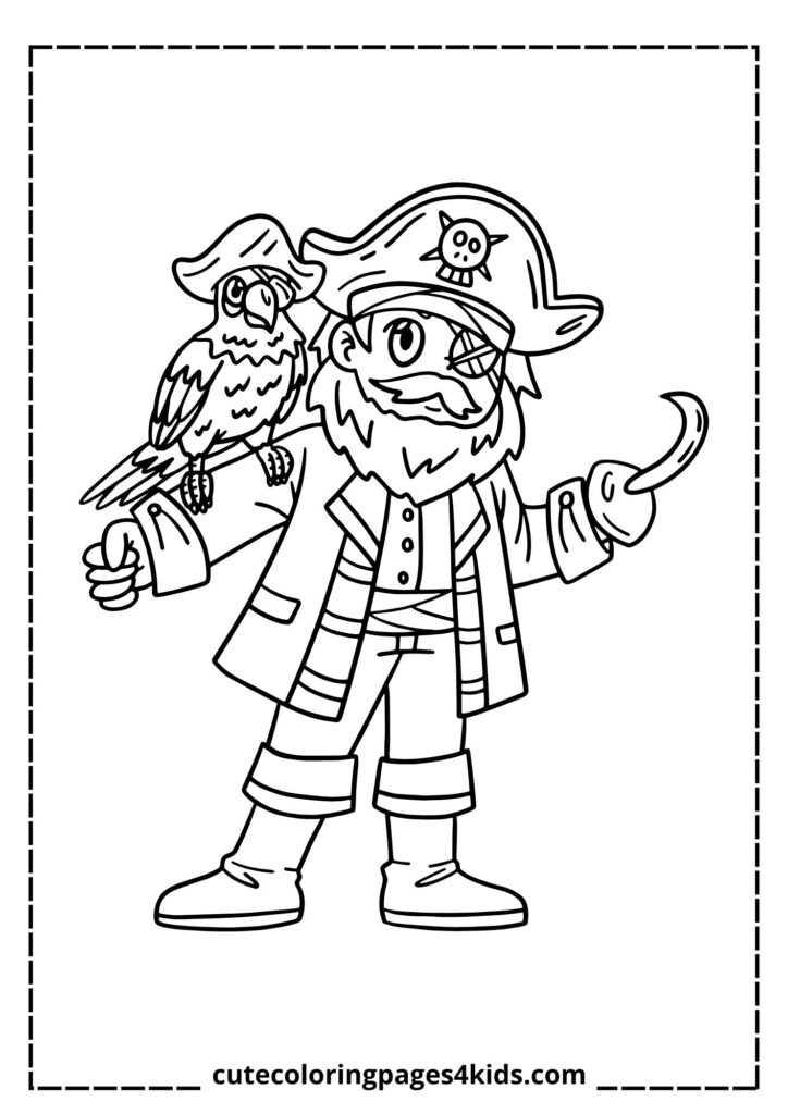 A cheerful pirate standing proudly with a bright and lively parrot perched on his shoulder. Dressed in a pirate hat, striped shirt, and a belt with a sword, he looks ready for an exciting adventure on the high seas.