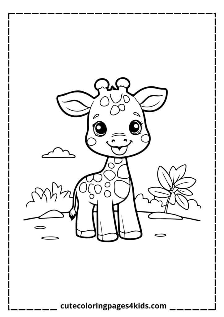 A cute little giraffe standing on its wobbly legs, looking curious and playful. With its soft spotted coat and bright eyes, this young giraffe explores its surroundings with excitement.