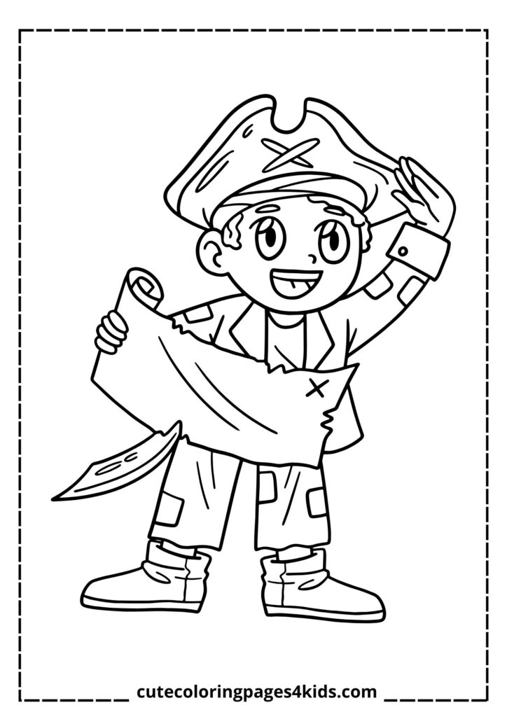 A young and cheerful pirate dressed in a hat with a skull emblem, wearing a striped shirt and boots. With a small sword in hand and a big smile on his face, he looks ready for a playful and exciting pirate adventure.