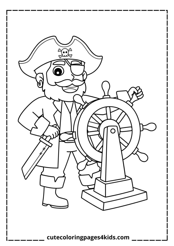 A young pirate confidently steering a large wooden ship's wheel, wearing a classic pirate hat and a striped outfit. With a determined look on his face, he is guiding the ship through the vast ocean, ready for an exciting adventure.