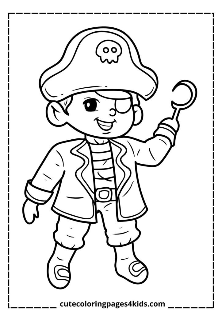 A brave pirate setting off on an epic adventure, holding a treasure map and wearing a classic pirate hat with a Jolly Roger emblem. With the ocean waves in the background and a ship ready to sail, the pirate looks determined to find hidden treasure.