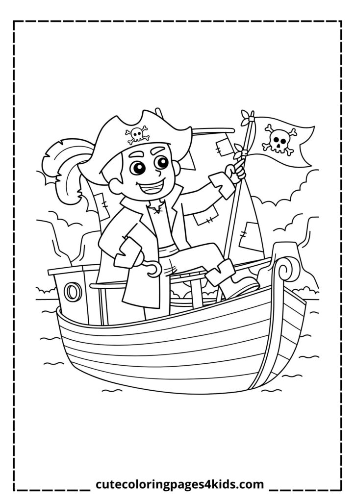 A grand pirate ship sailing across the ocean waves, with large billowing sails and a Jolly Roger flag flying high. The ship is on an adventurous journey, ready to explore mysterious islands and uncover hidden treasures.