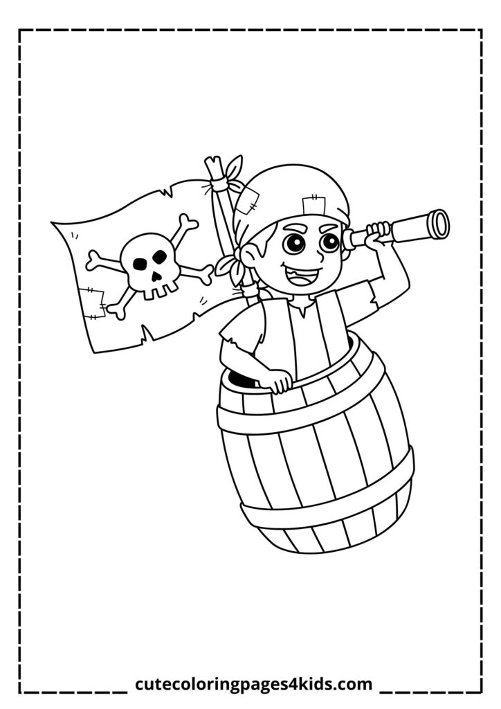 A mischievous pirate peeking out from inside a wooden barrel, wearing a pirate hat and an eye patch. The pirate looks playful and sneaky, as if hiding from danger or planning a clever escape.