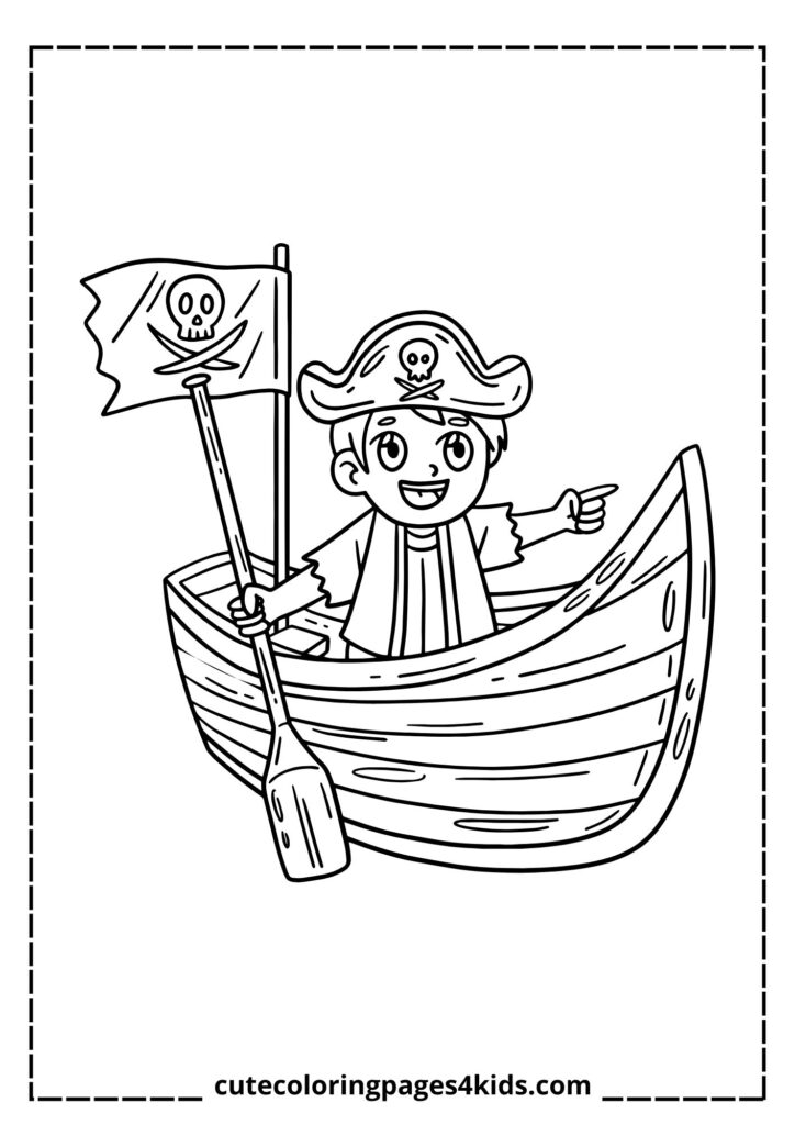 A daring pirate standing confidently in a small wooden boat, holding a sword and wearing a classic pirate hat with a skull emblem. The waves ripple around the boat as the pirate embarks on an adventurous sea journey.