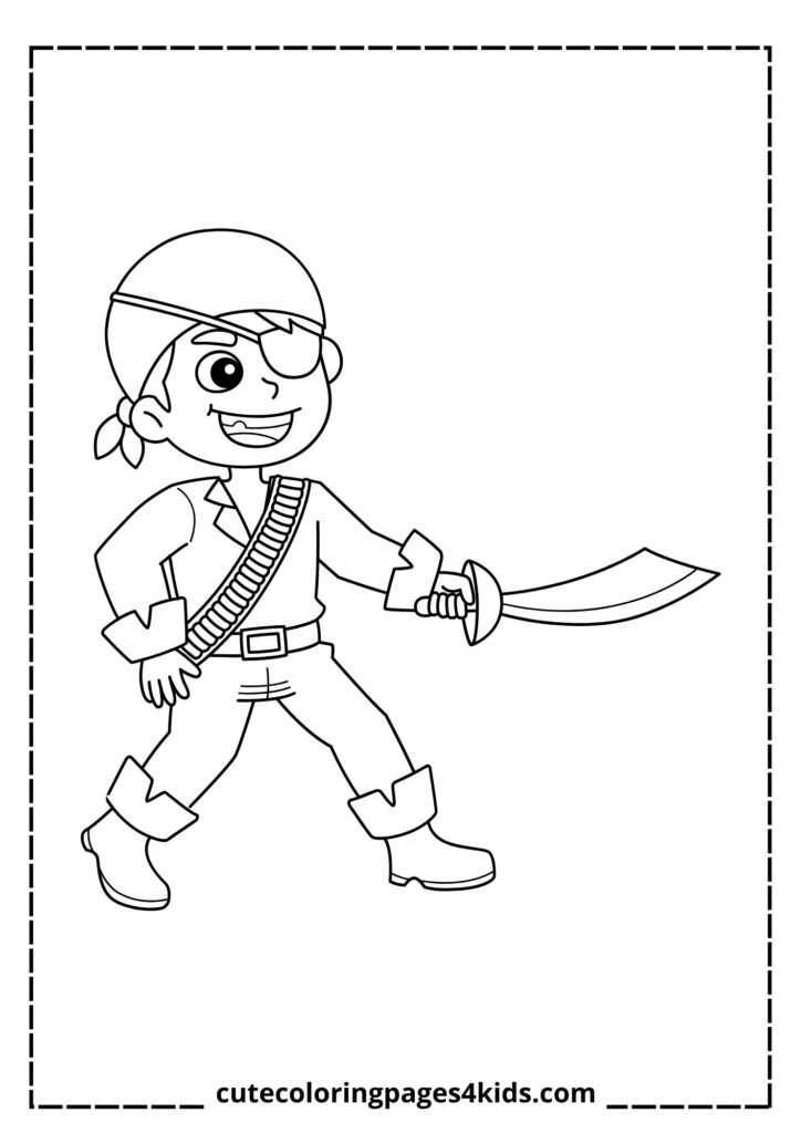 A fierce pirate standing confidently, gripping a sharp sword in one hand. Dressed in a classic pirate hat, eye patch, and a long coat, he looks ready for an exciting duel or a thrilling treasure hunt.